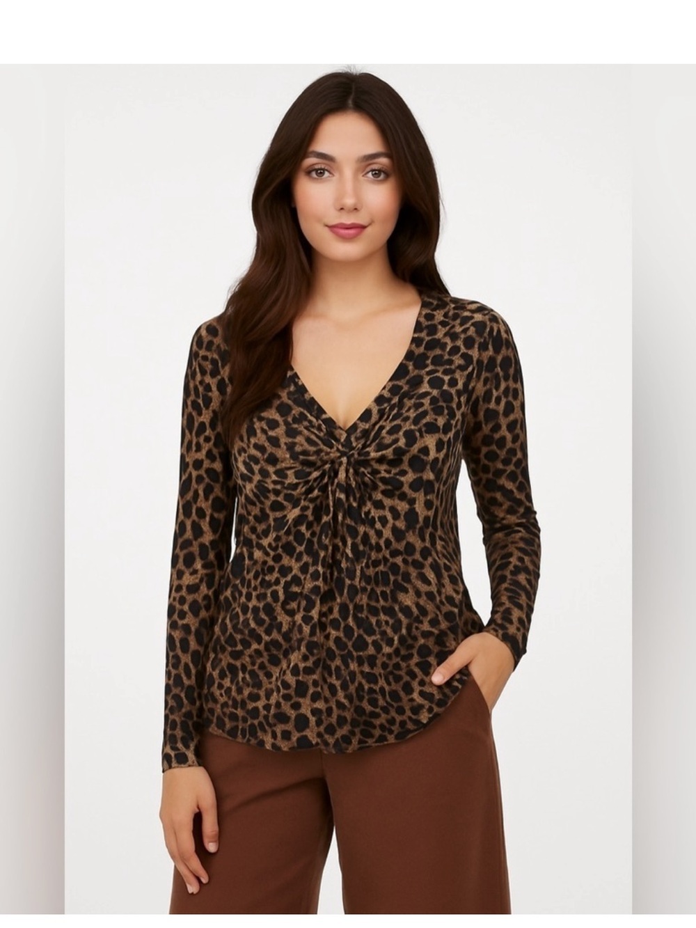 K Jordan Leopard Twist-Front V-Neck Long Sleeve Top - Brown/Black
